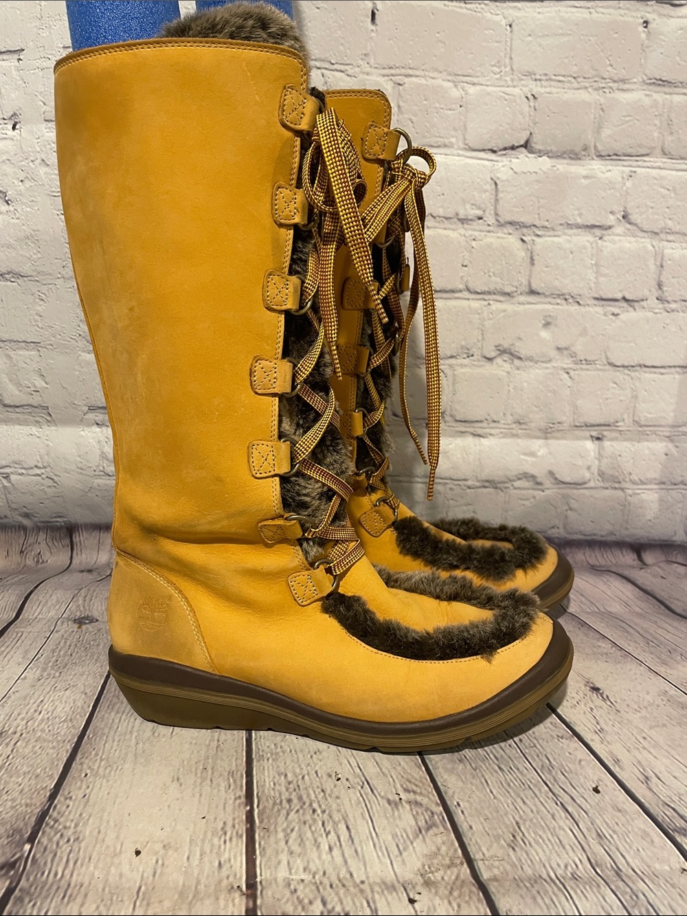 Timberland Mustard Yellow Tall Lace-Up Winter Boots with Fur Trim